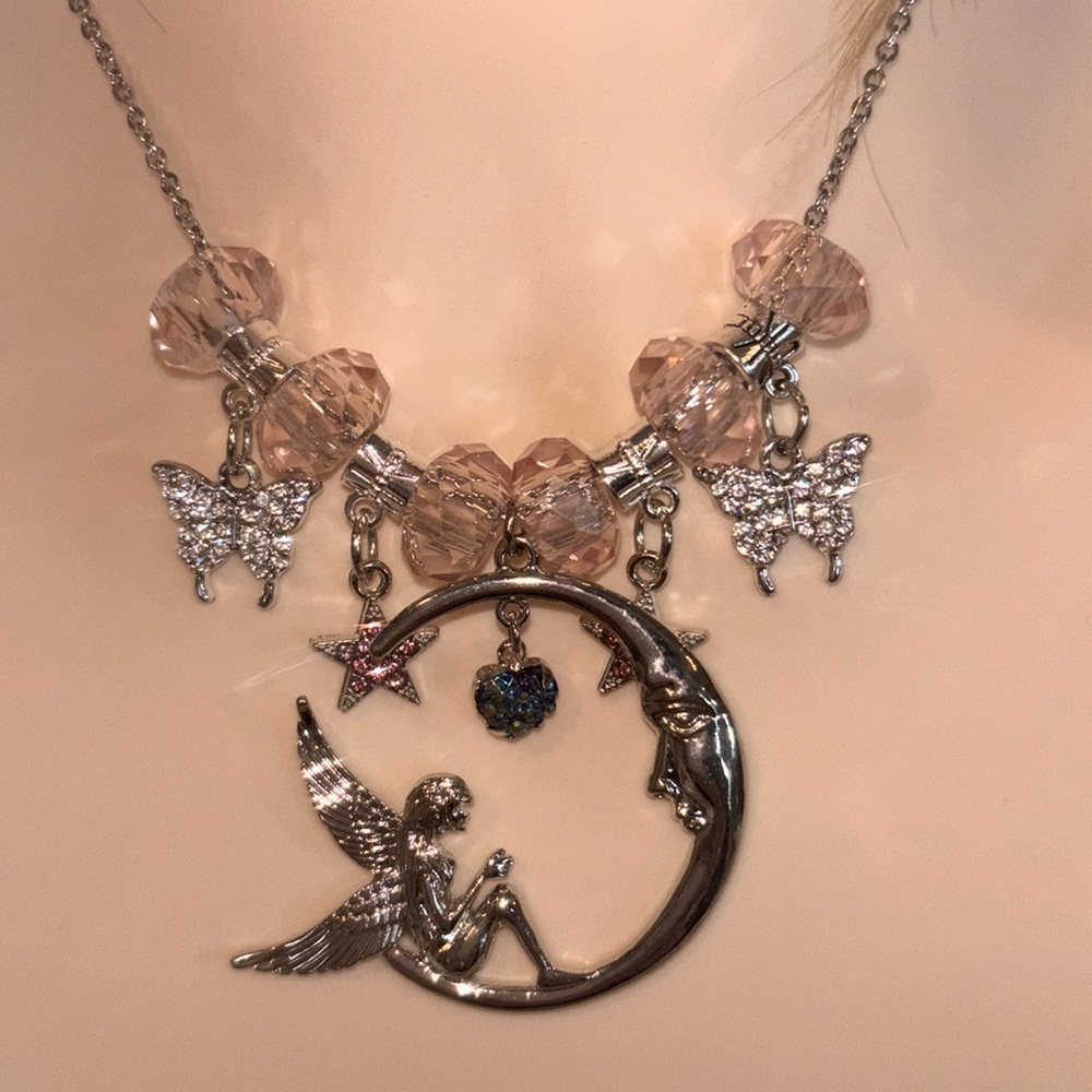 Silver Moon Fairy and Butterfly Charm Necklace Hand Designed by @windswe…
